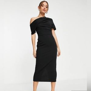 New ASOS size 12 ASOS DESIGN pleated shoulder pencil dress in black